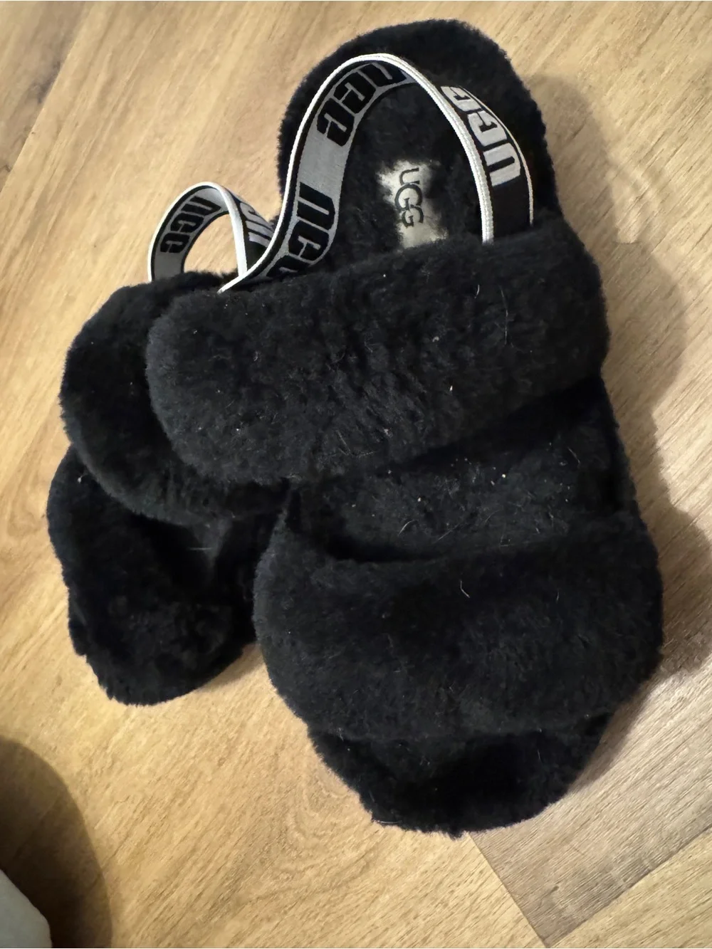 UGG Kids Black Plush Slide Sandals with Elastic Heel Strap